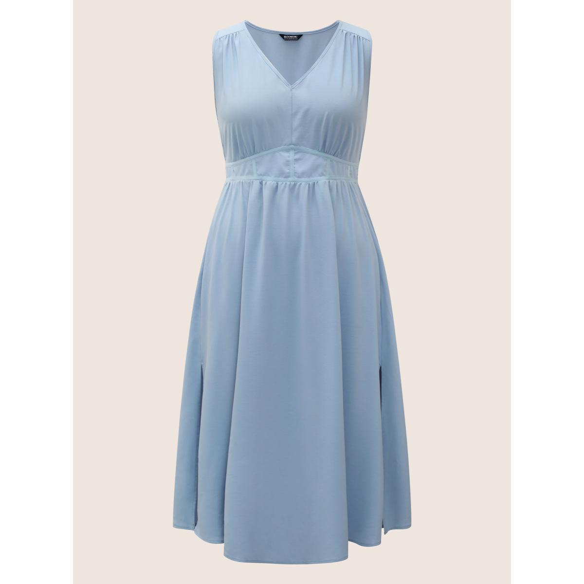 Plus Size Solid Gathered Split Side Tank Maxi Dress LightBlue Women Elegant Gathered V-neck Sleeveless Curvy BloomChic 30/6X Product Image