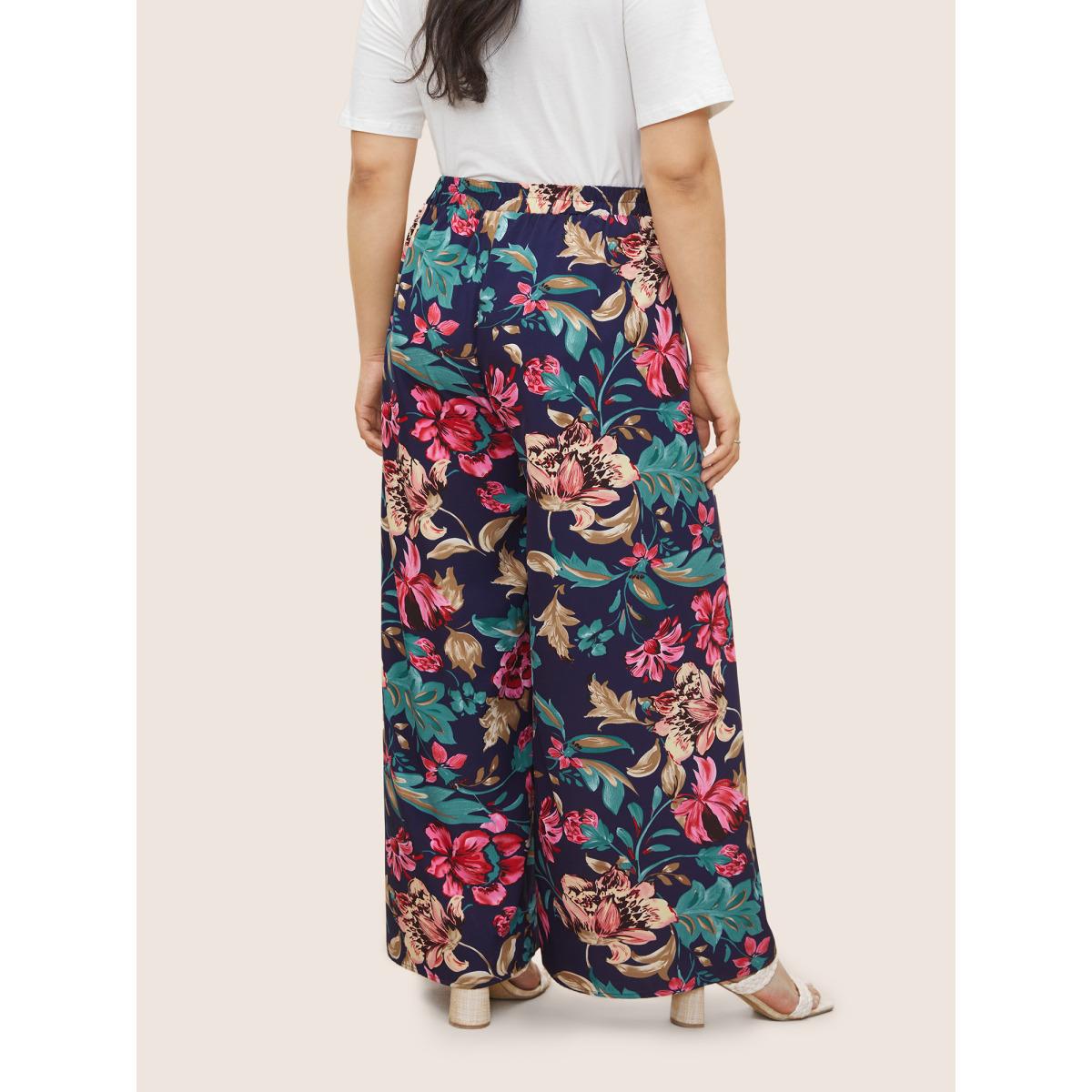 Plus Size Floral Elastic Waist Split Hem Wide Leg Pants Women Indigo Resort Wide Leg High Rise Vacation Pants BloomChic 26/4X Product Image