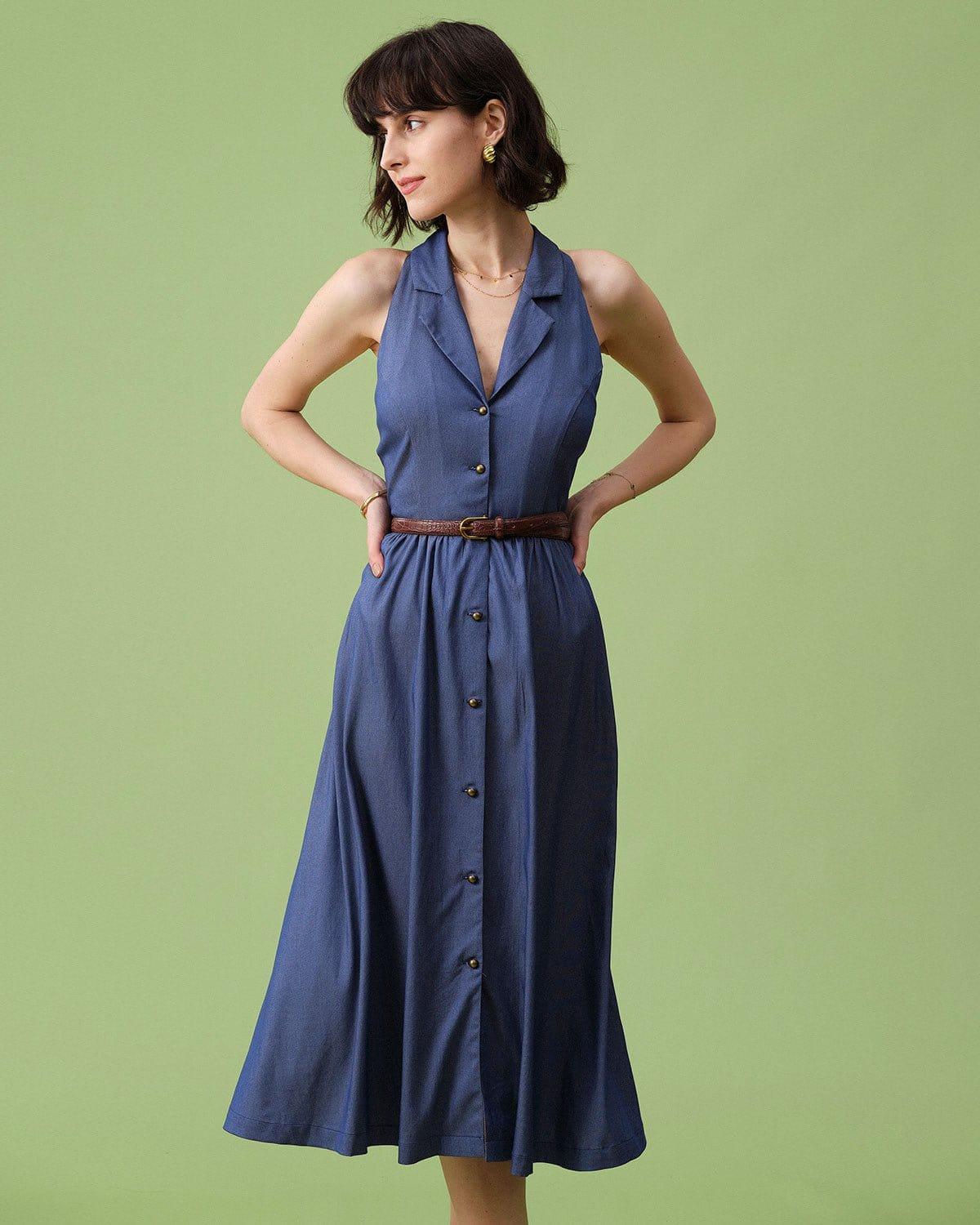 The Blue Lapel Tunic Sleeveless Midi Dress Product Image