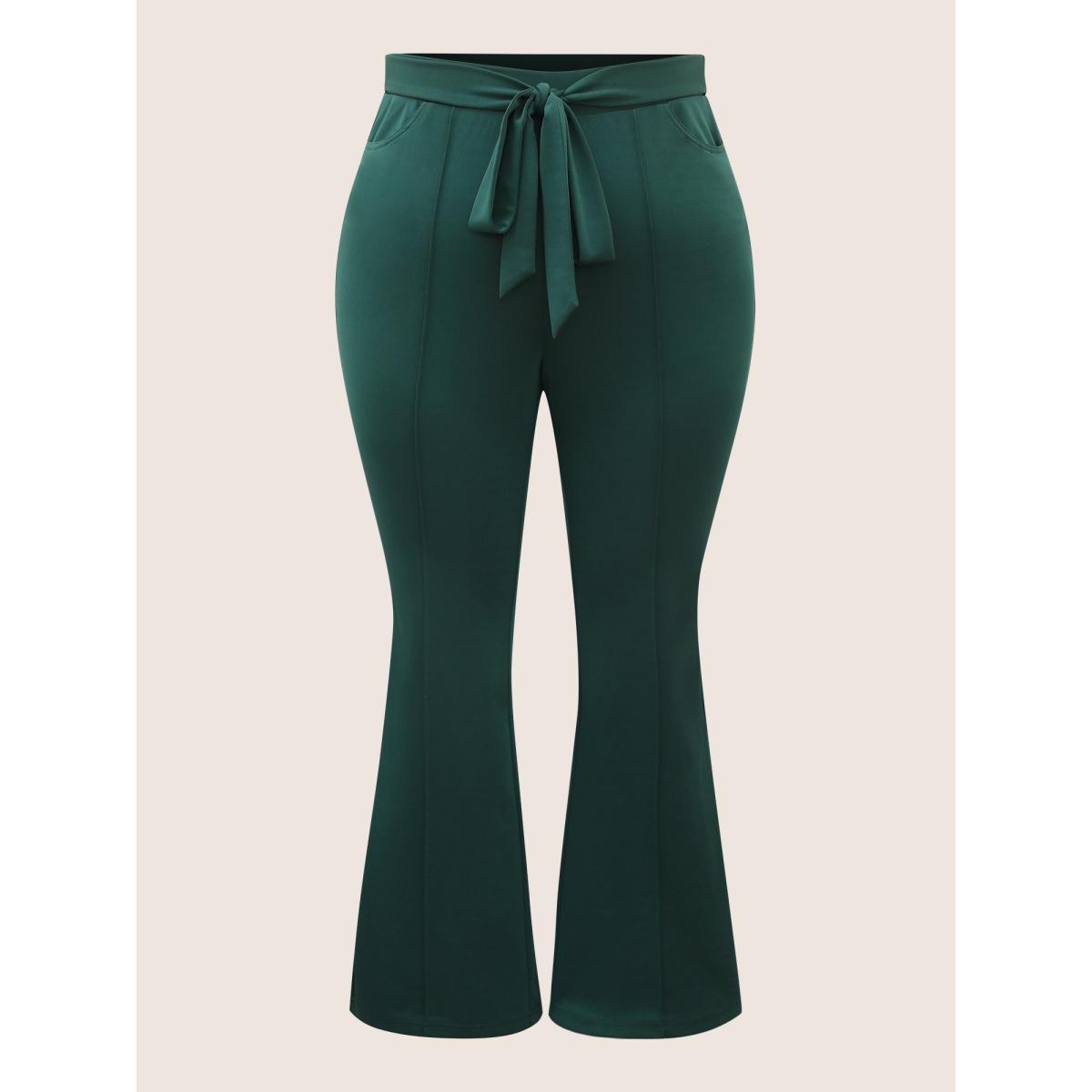 Plus Size Plain Tie Knot Mid Rise Bootcut Pants Women DarkGreen Elegant Bootcut Mid Rise Everyday Pants BloomChic 12/L Product Image