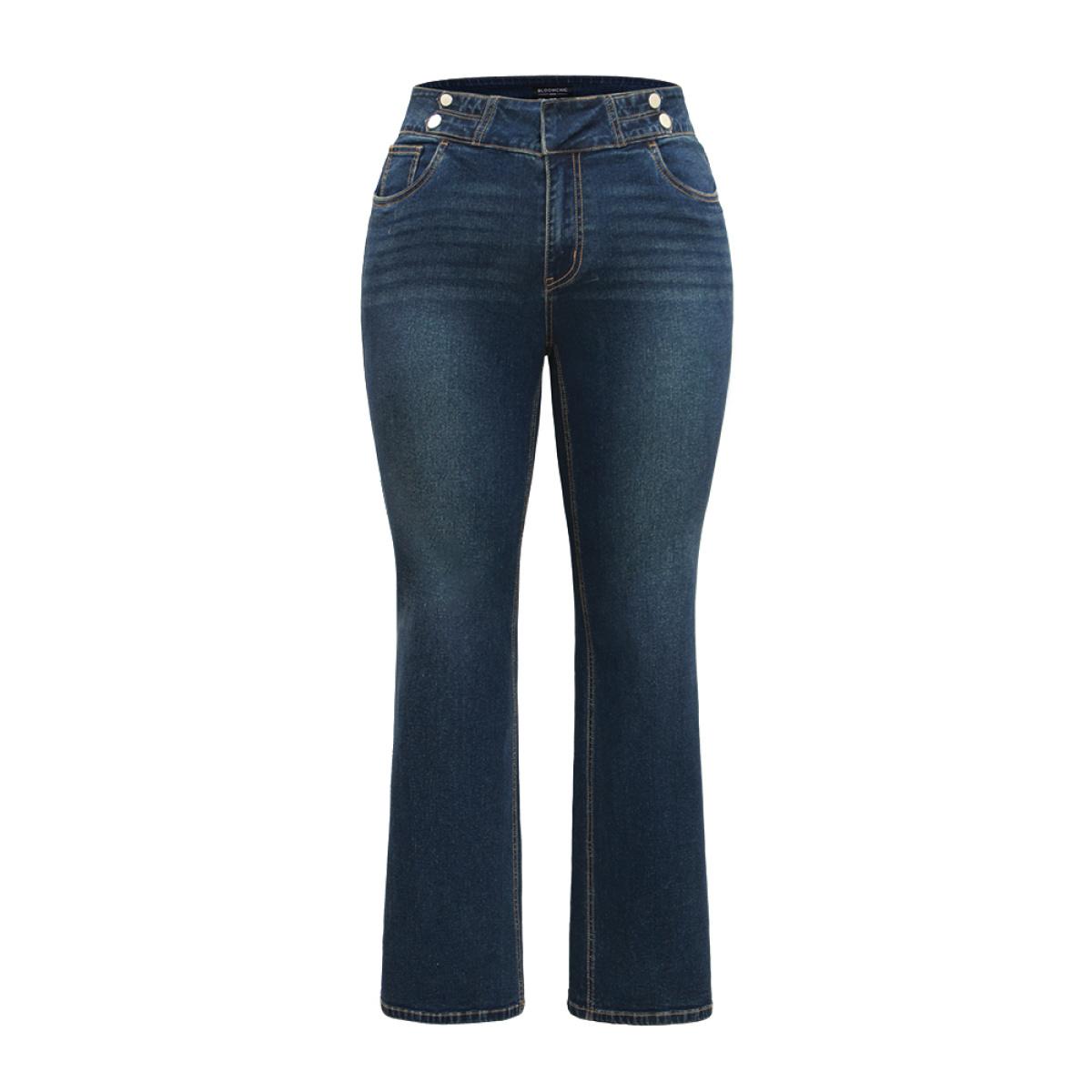 Plus Size Dark Wash Full Length Button Detail Jeans Women Indigo Casual Plain Plain High stretch Pocket Jeans BloomChic 24/3X Product Image