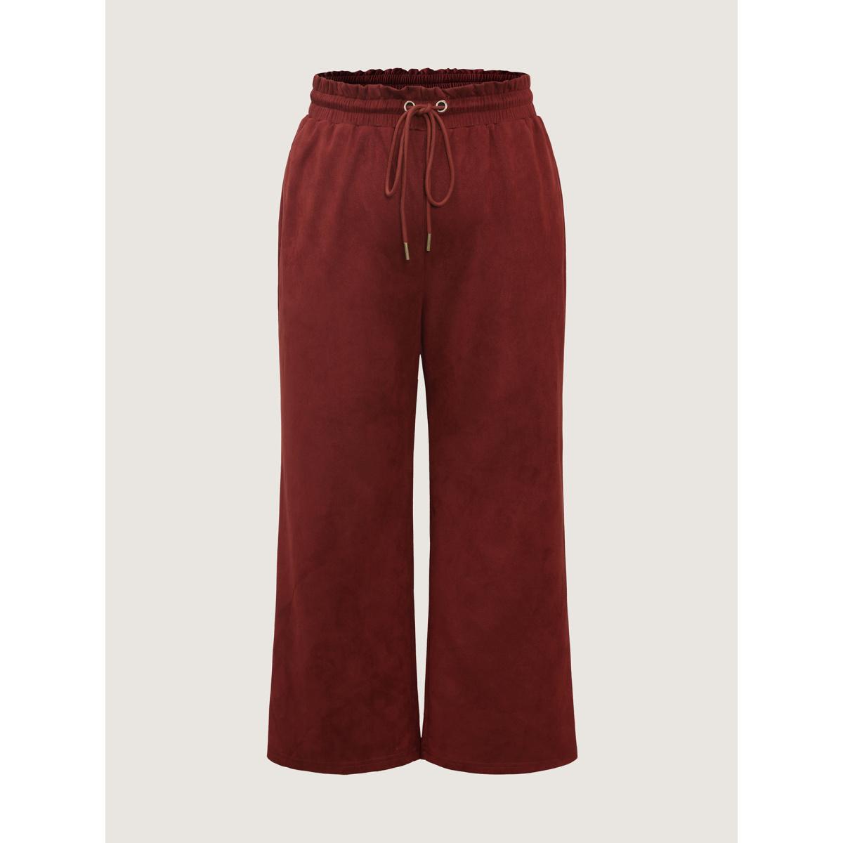 Plus Size Velvet Pockets Drawstring Waist Pants Women Maroon Leisure Straight Leg Mid Rise Casual Pants BloomChic 22-24/3X Product Image