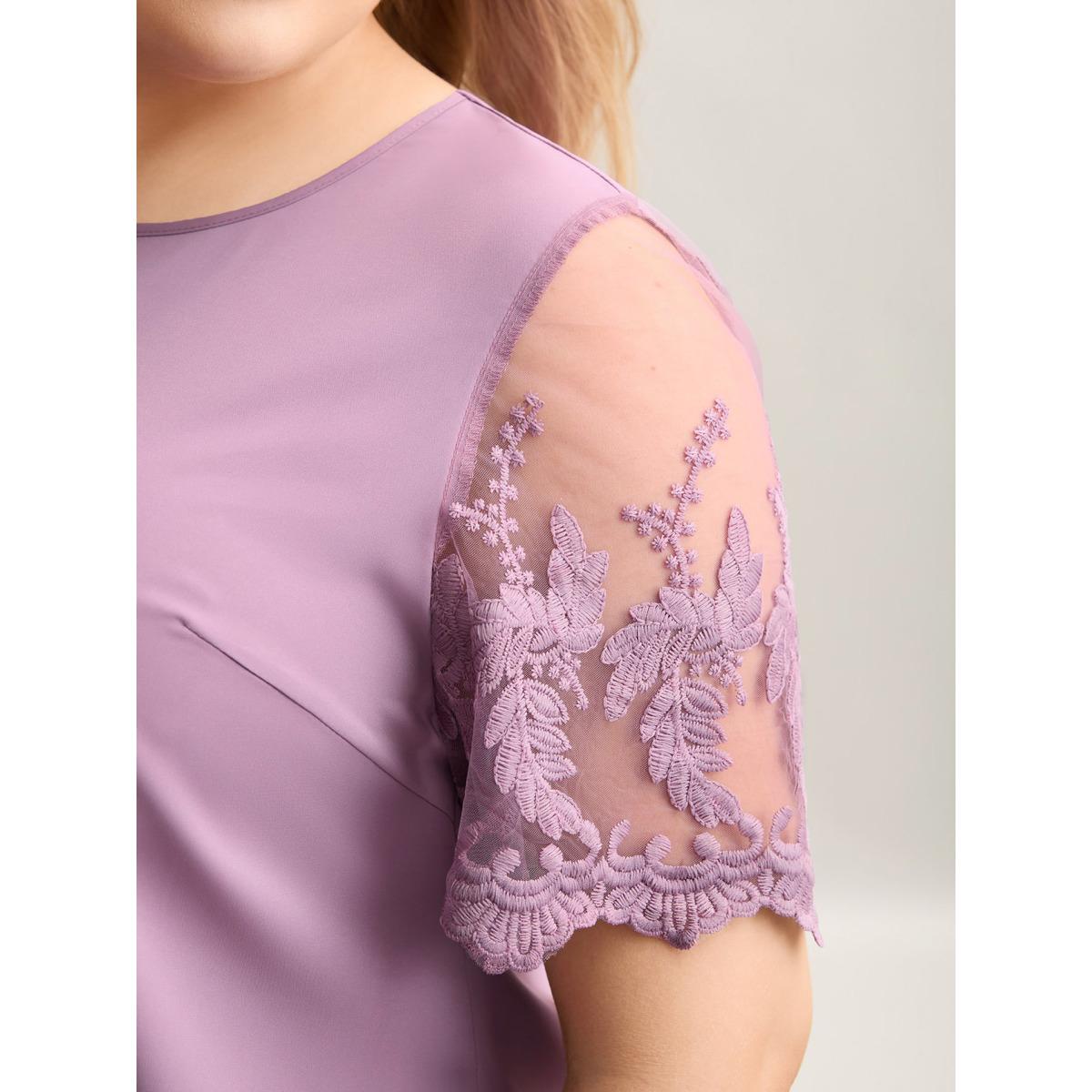 Plus Size Lilac Spliced Sheer Sleeve Plain Curvy Fit Blouse Women Elegant Short sleeve Round Neck Everyday Blouses BloomChic 28/5X Product Image
