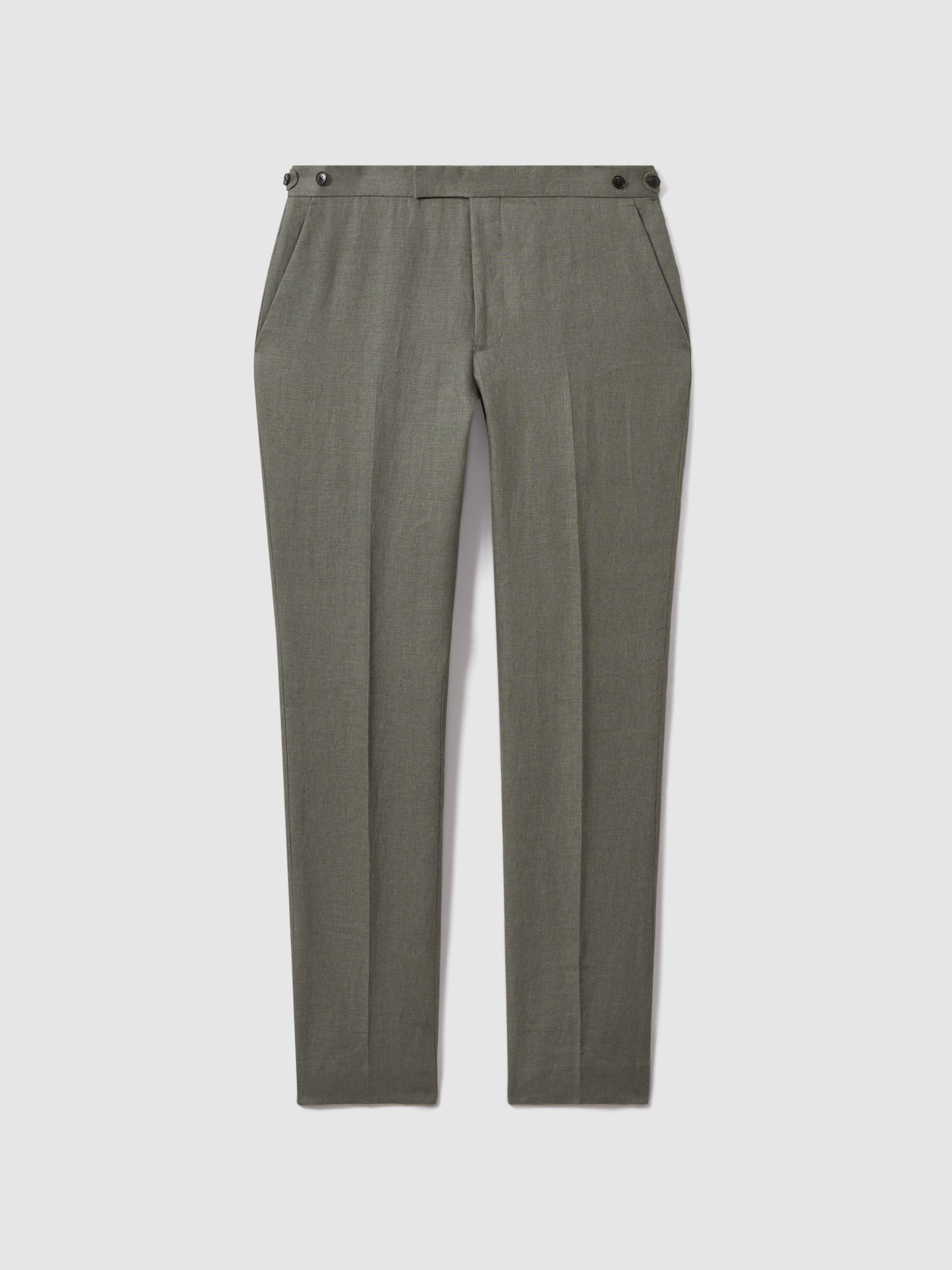Halgas Dark Sage 100% Linen Side Adjuster Slim Fit Trousers Product Image