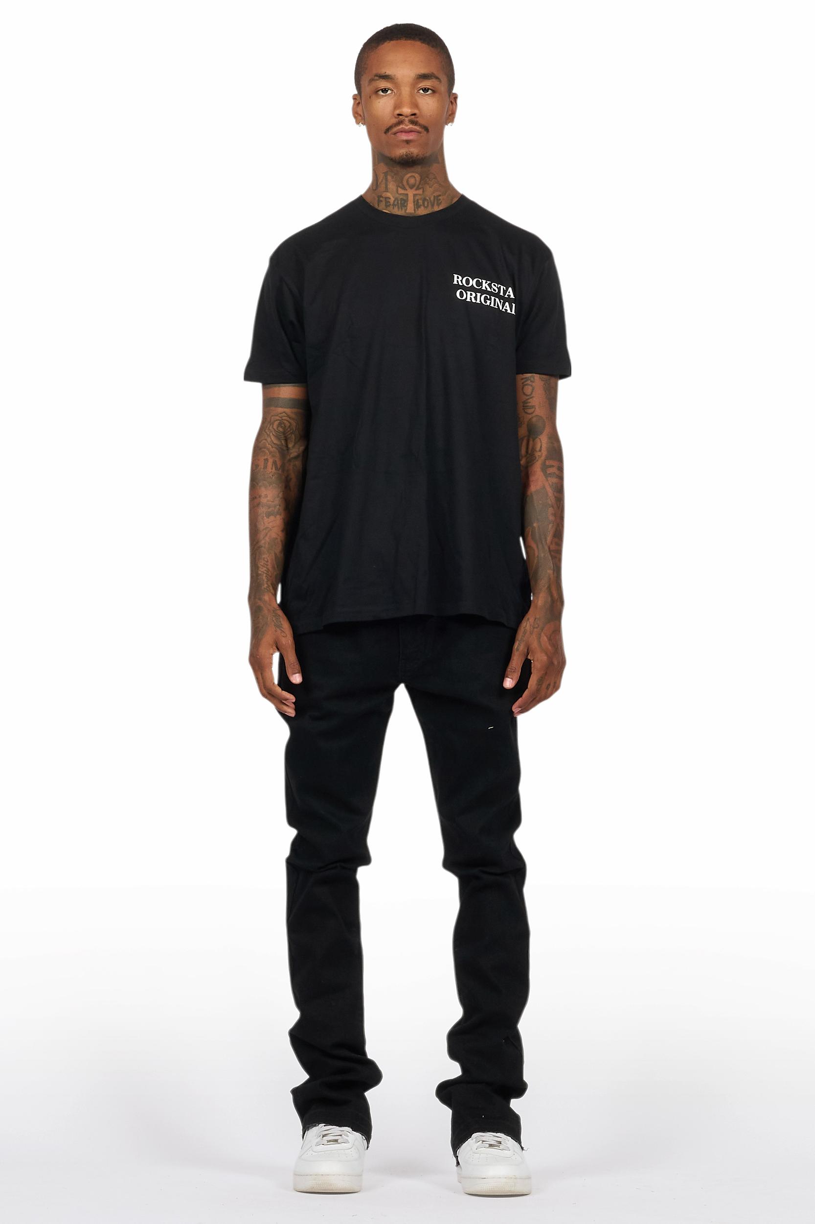 Drako Black/White Oversized Graphic T-Shirt/Dag Stacked Flare Jean Set Male Product Image