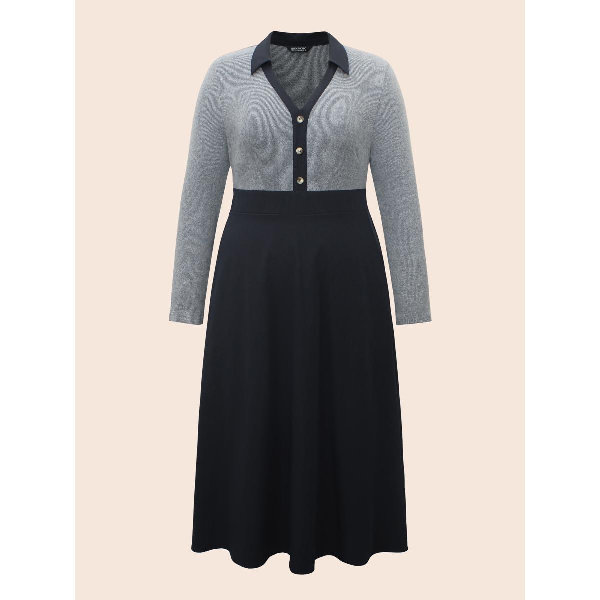 Plus Size Contrast Shirt Collar Button Detail Dress Indigo Women Elegant Contrast Shirt collar Extra Long Sleeve Curvy BloomChic 14-16/1X Product Image