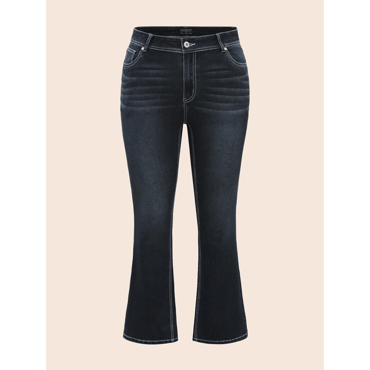 Plus Size Stretch Denim Embroided Pockets Flare Jeans Women Darkindigo Casual Embroidered Medium stretch Slanted pocket Jeans BloomChic 12/L Product Image