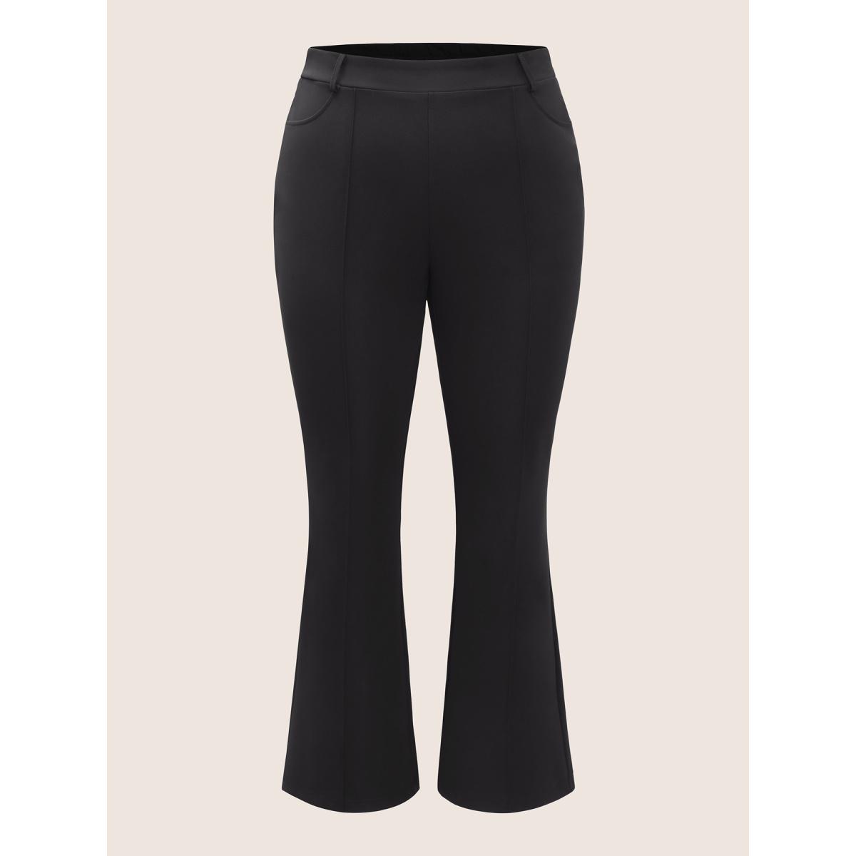 Plus Size Solid High Rise Elastic Waist Flare Leg Pants Women Black At the Office Flare Leg High Rise Work Pants BloomChic 12/L Product Image