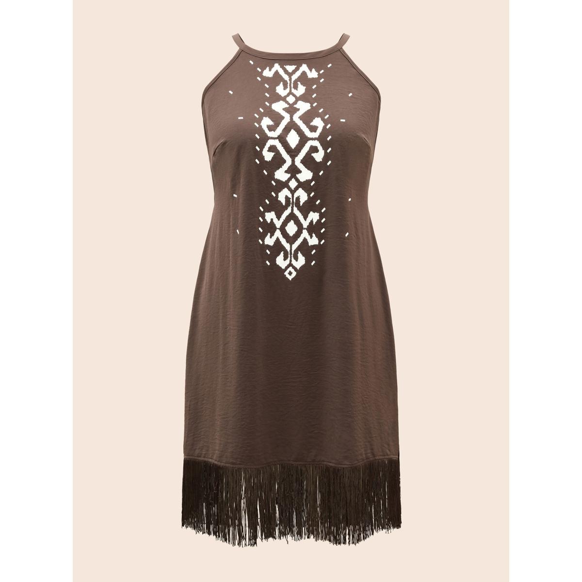 Plus Size Fringed Hem Elastic Waist Midi Dress DarkBrown Women Resort Tassels Non Sleeveless Curvy BloomChic 14-16/1X Product Image