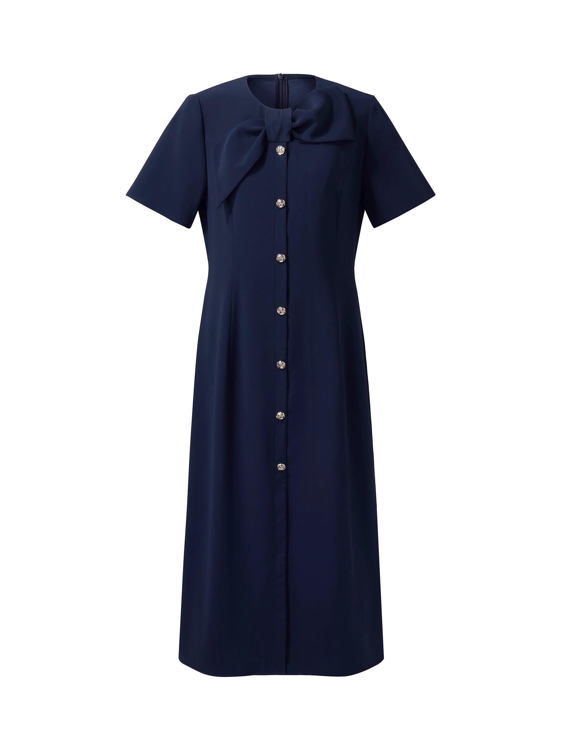 Triacetate Bowknot Women Gathered Waist Midi Dress Product Image