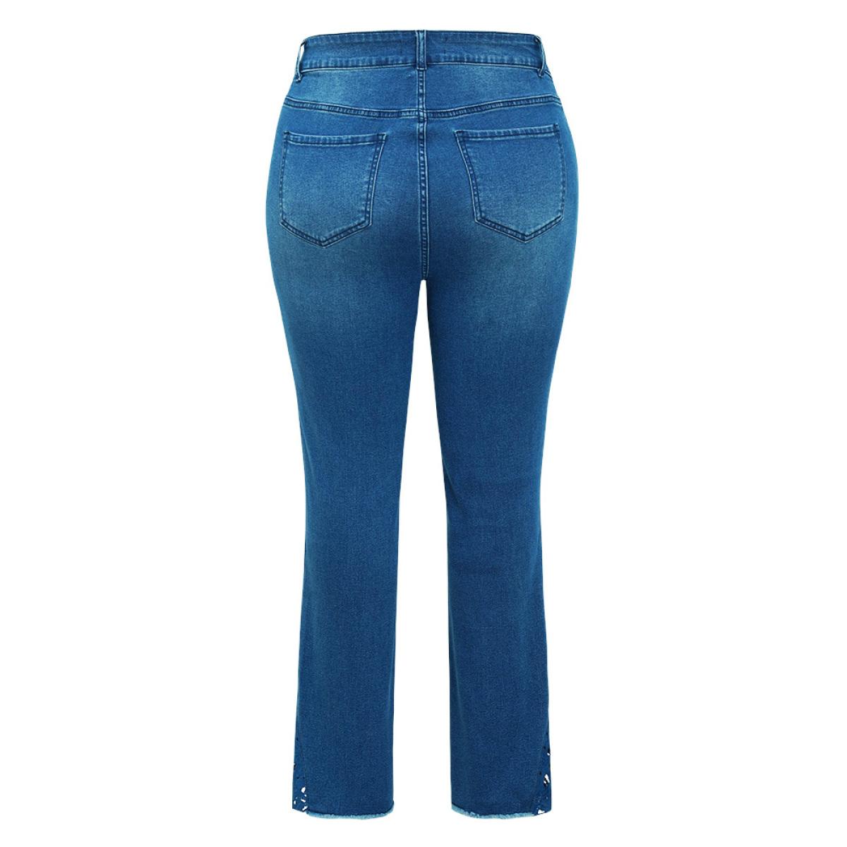 Plus Size Very Stretchy High Rise Medium Wash Lace Insert Raw Hem Jeans Women Indigo Casual Plain Patchwork High stretch Side seam pocket Jeans BloomChic 10/M Product Image