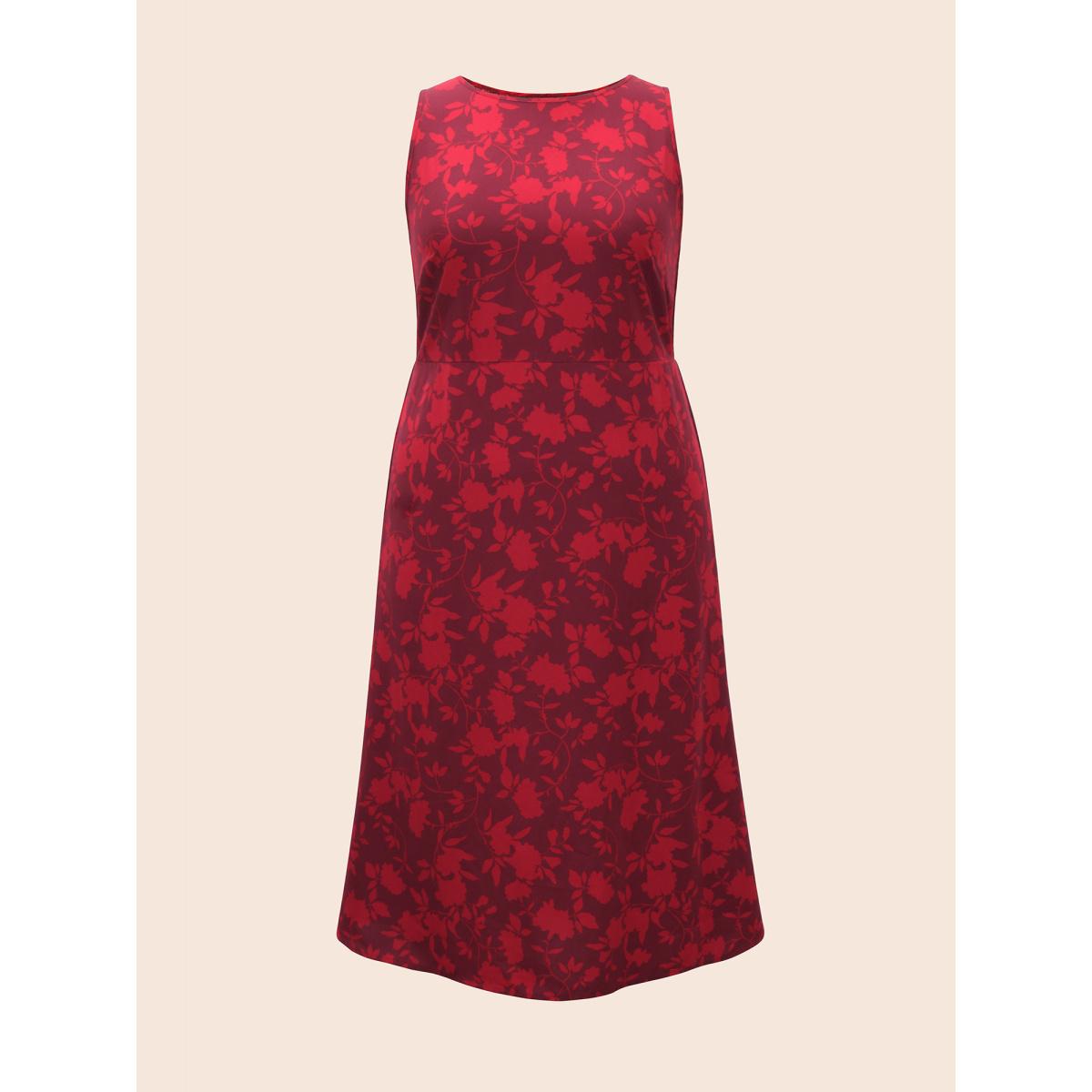 Plus Size Silhouette Floral Print Shirred Tank Dress Burgundy Women Elegant Shirred Round Neck Sleeveless Curvy BloomChic 14-16/1X Product Image