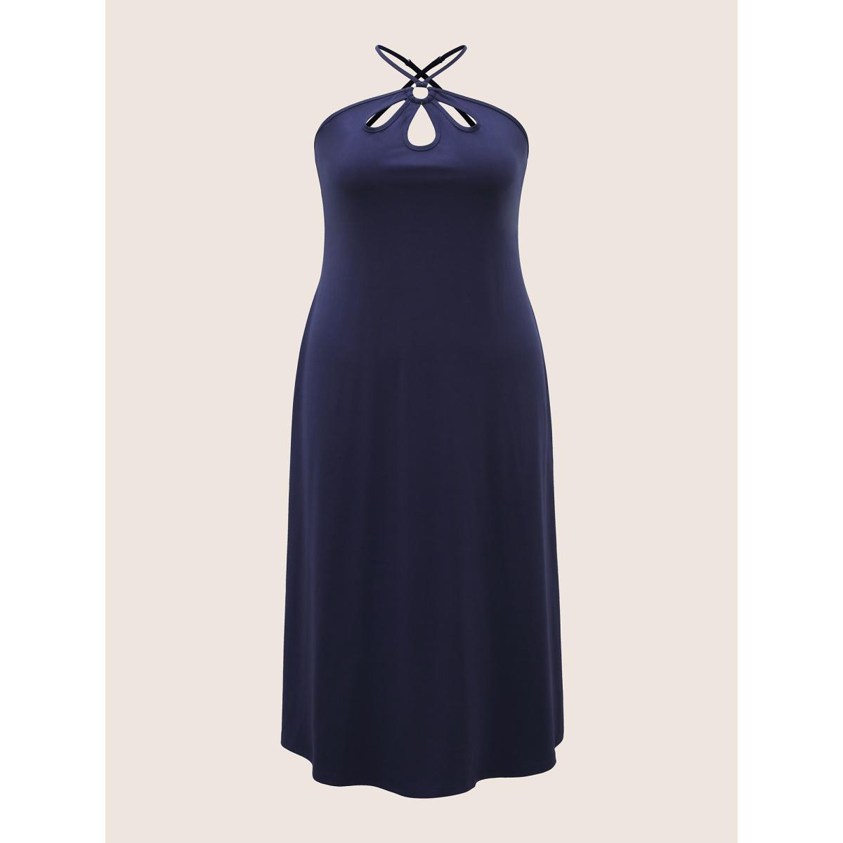 Plus Size Solid Cut Out Split Side Maxi Dress Navy Women Casual Cut-Out Asymmetrical Neck Sleeveless Curvy BloomChic 30/6X Product Image