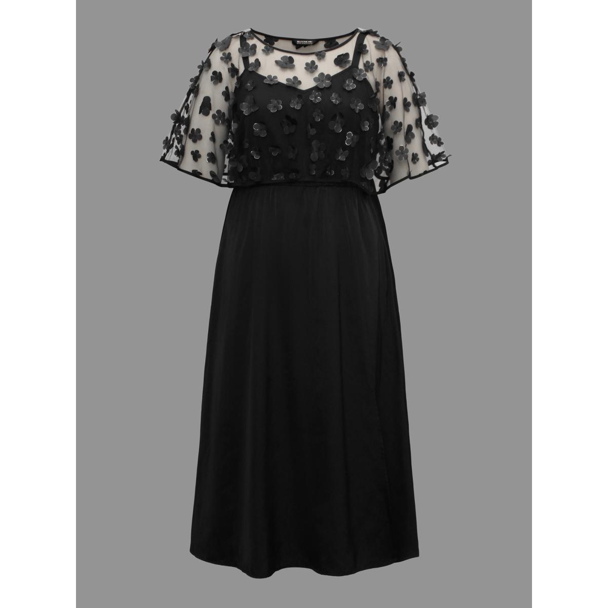 Plus Size Two-Piece Appliques Mesh Shawl Split Hem Dress Black Women Cocktail Texture Round Neck Short sleeve Curvy BloomChic 30/6X Product Image