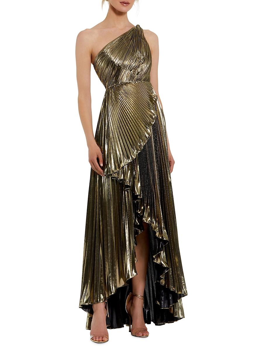 Womens Metallic Pleated One-Shoulder Faux-Wrap Gown Product Image