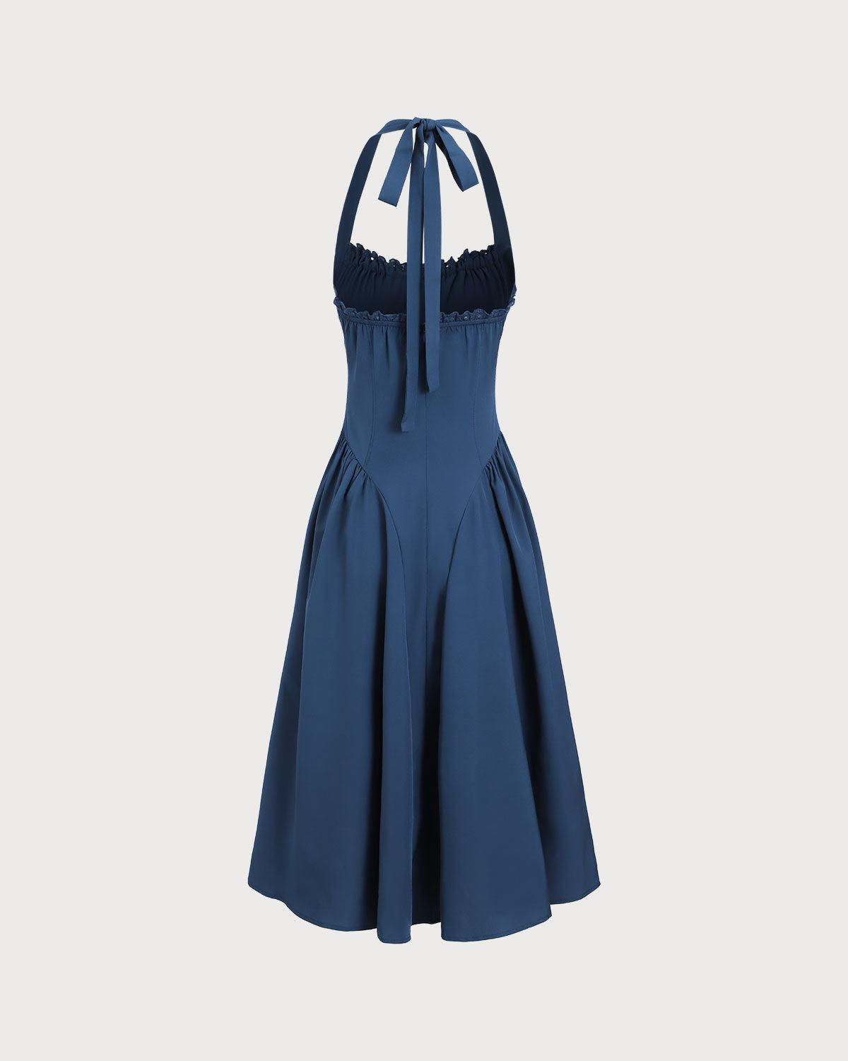 Navy Ruched Halter Midi Dress Product Image