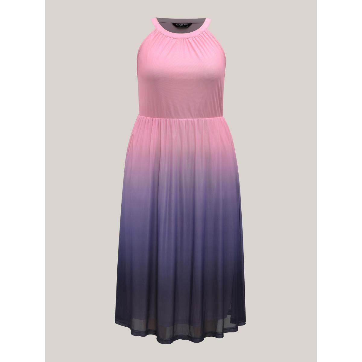Plus Size Chiffon Ombre Gradient Halter Neck Dress Multicolor Women Romantic Gathered Flat collar with V-notch Sleeveless Curvy BloomChic 30/6X Product Image