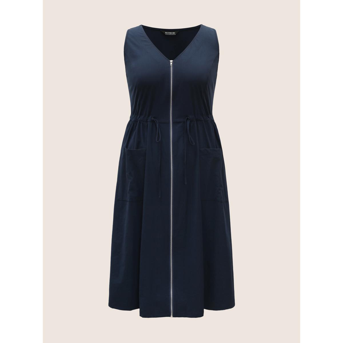 Plus Size Solid Zip Front Patch Pocket Sleevless Dress DarkBlue Women Casual Drawstring V-neck Sleeveless Curvy BloomChic 28/5X Product Image