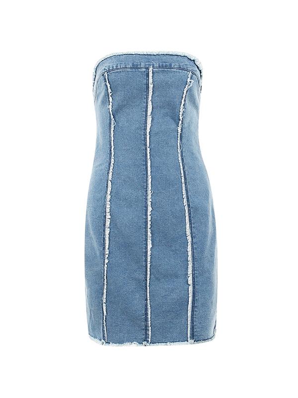 Raw Trim Splice Bandeau Denim Mini Dress Product Image