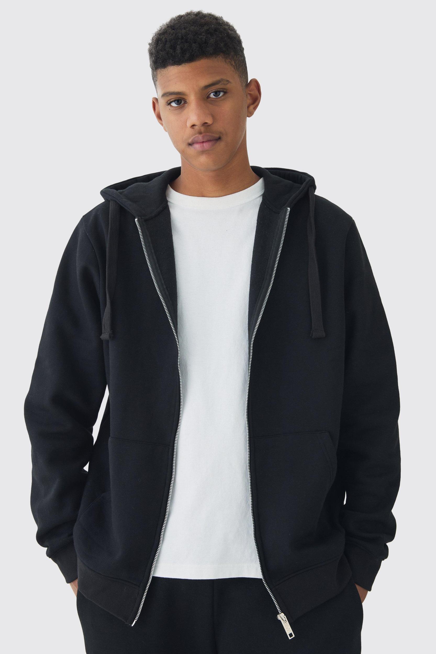 330GSM Tall Regular Fit Zip Through Hoodie in Black | boohooMAN USA Product Image