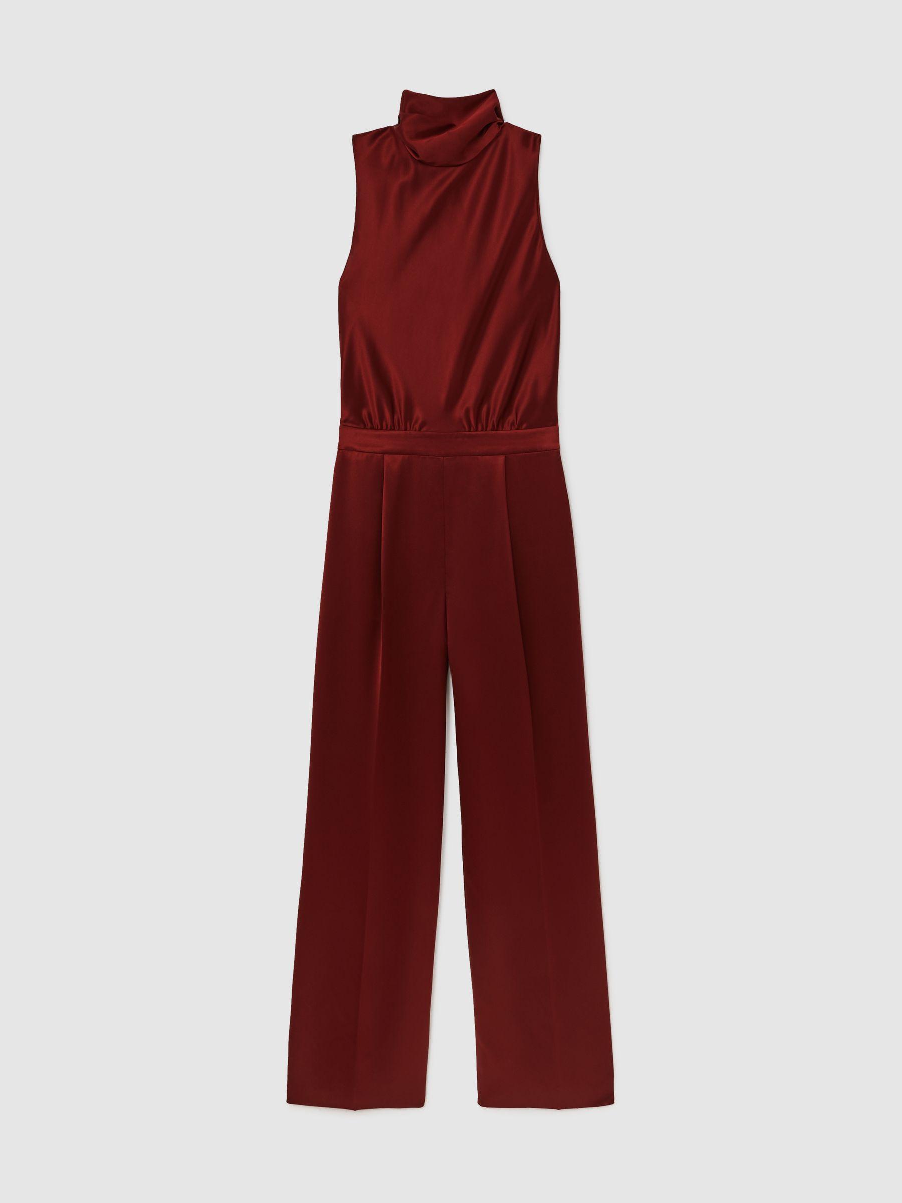 Petite Satin Cape-Sash Jumpsuit in Dark Red Product Image