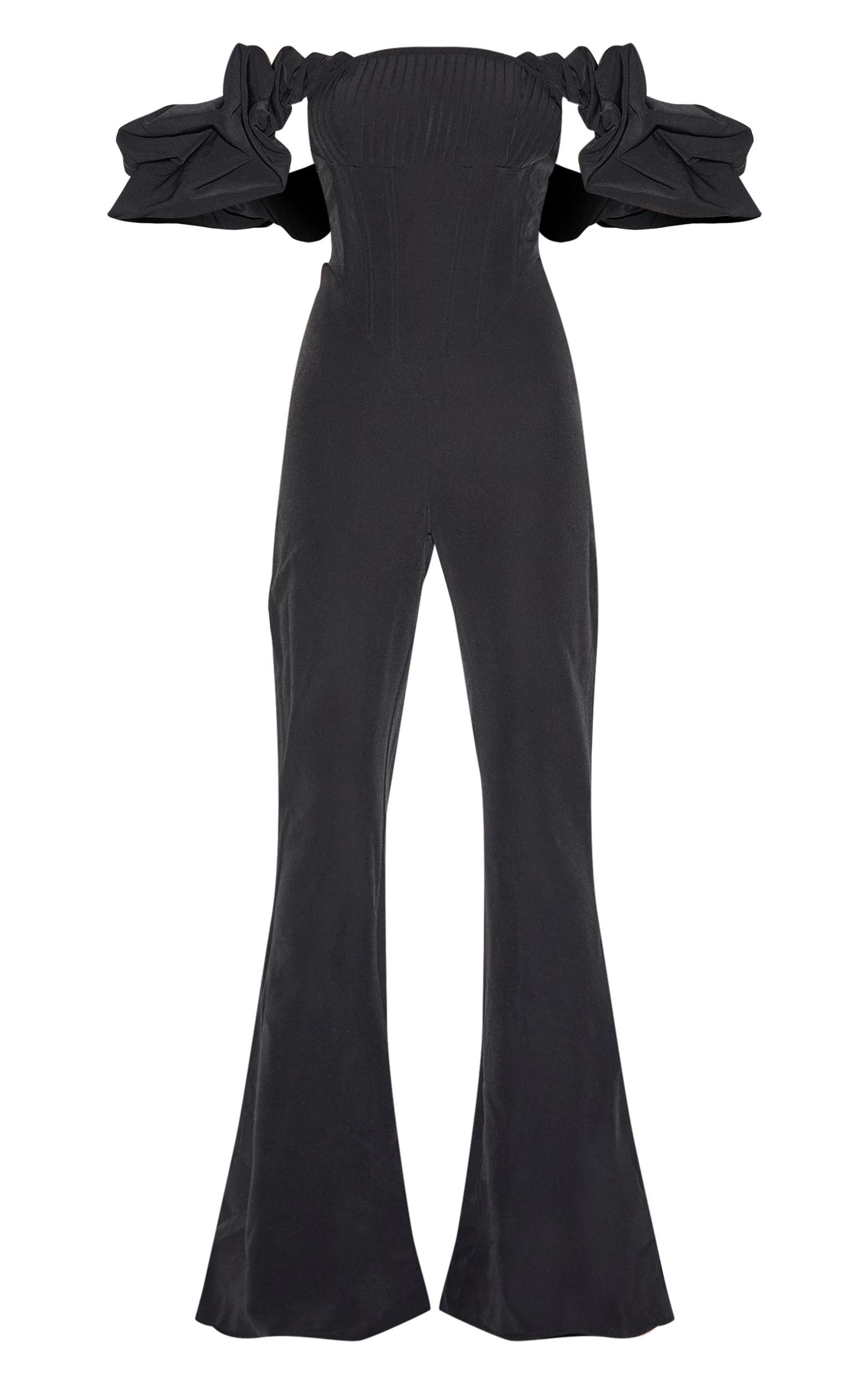 Black Woven Pleated Corset Detail Bardot Frill Jumpsuit. Product Image