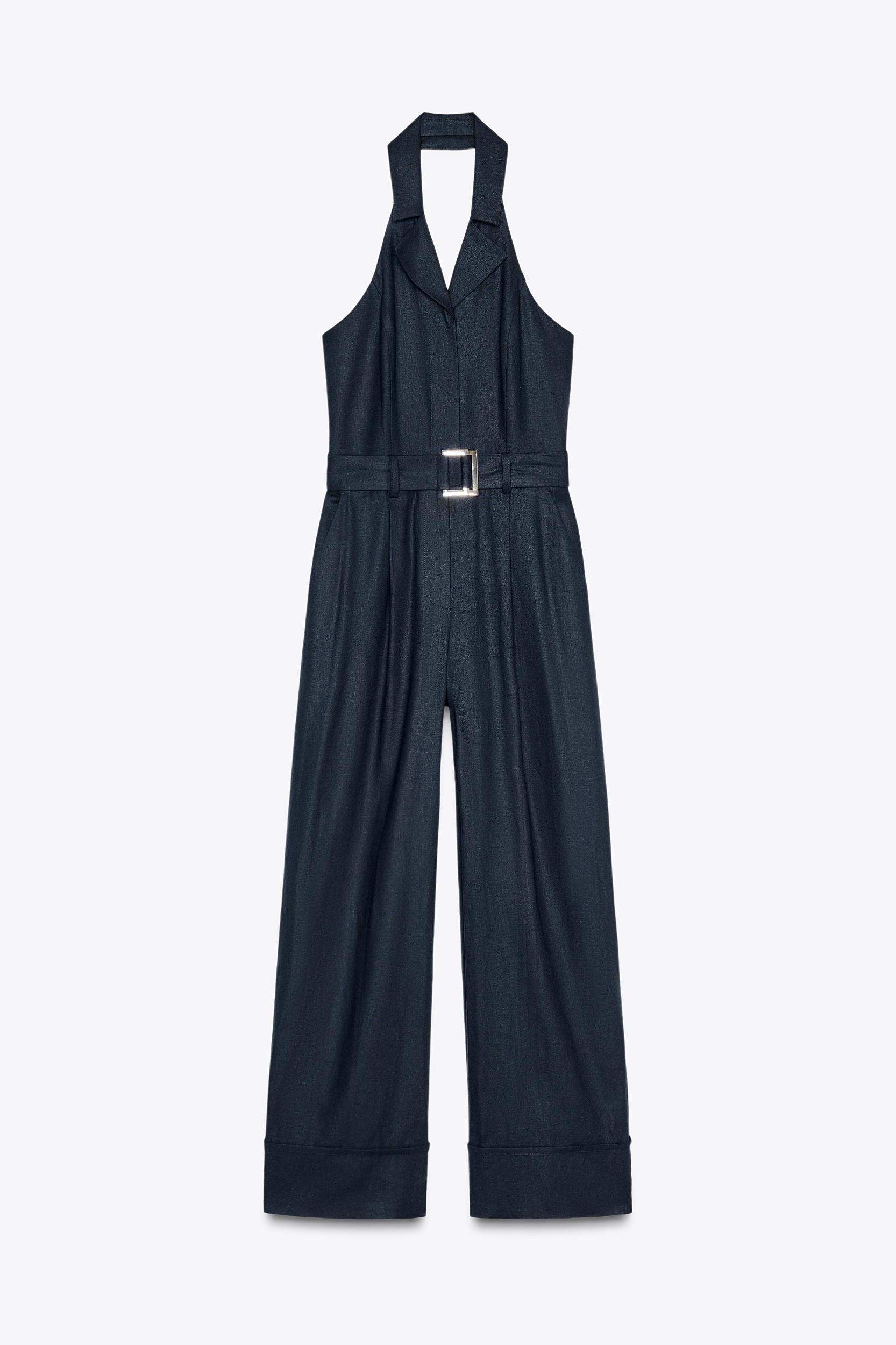 HALTER BELTED LINEN JUMPSUIT Product Image