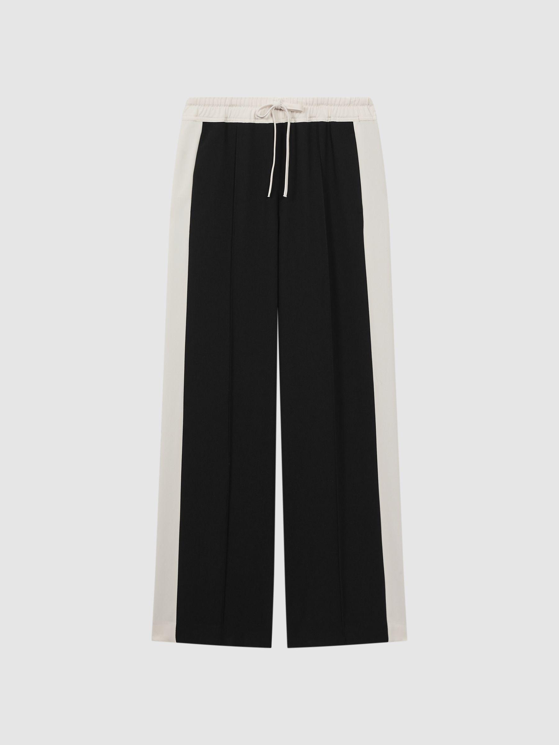 Petite Wide Leg Contrast Stripe Drawstring Trousers in Black Product Image