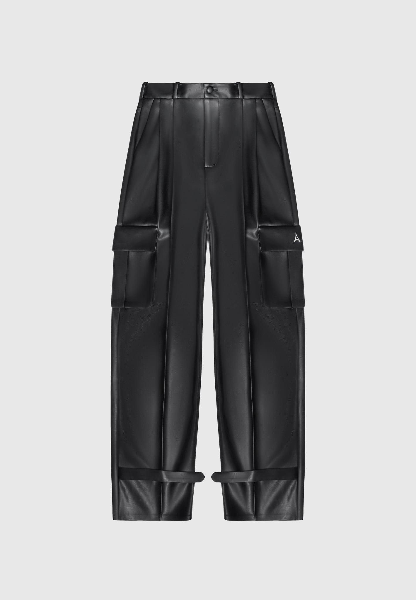 Danielle - Leather Pleated Cargo Trousers - Black Female Product Image