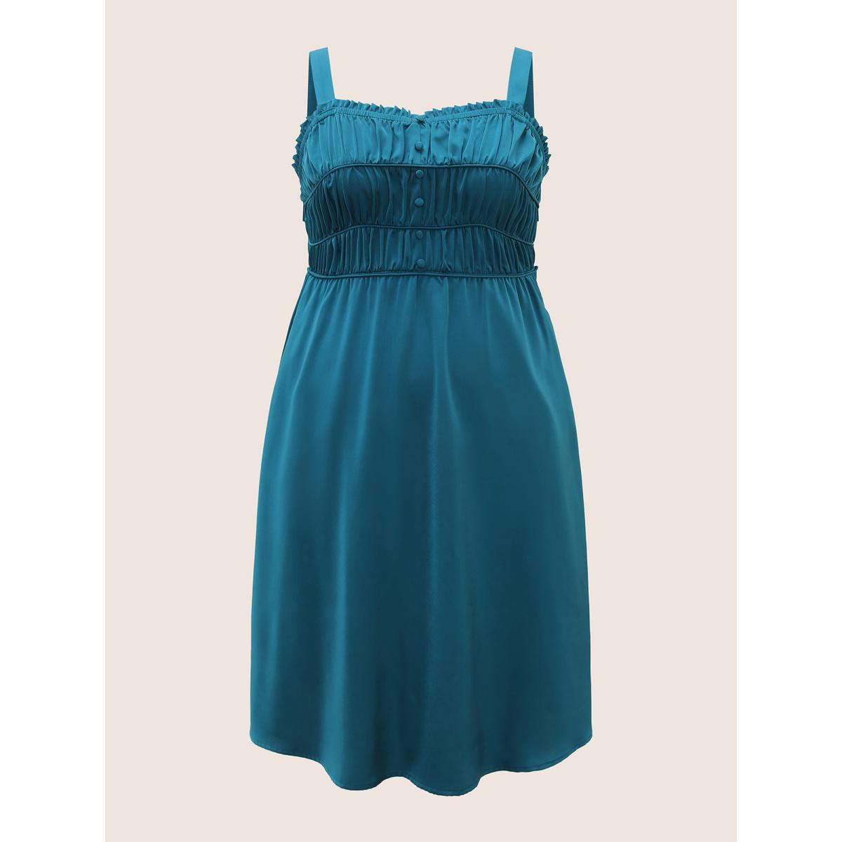 Plus Size Satin Solid Gathered Button Detail Cami Dress Aegean Women Elegant Non Non Sleeveless Curvy Midi Dress BloomChic 18-20/2X Product Image