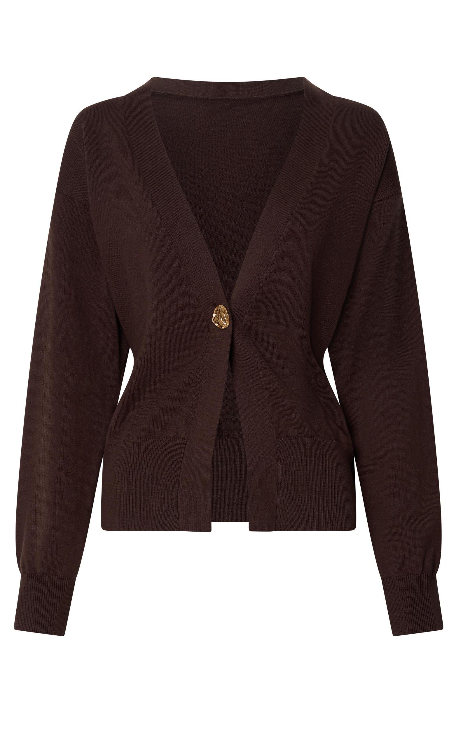 Makayla Cardigan - Long Sleeve Deep V Hardware Button Cardigan in Chocolate Product Image