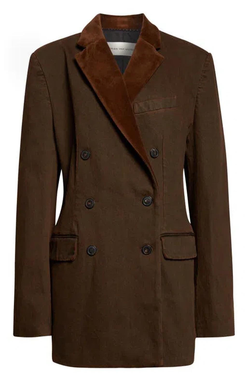 DRIES VAN NOTEN Bafya Velvet Trim Double Breasted Denim Blazer In Brown Product Image