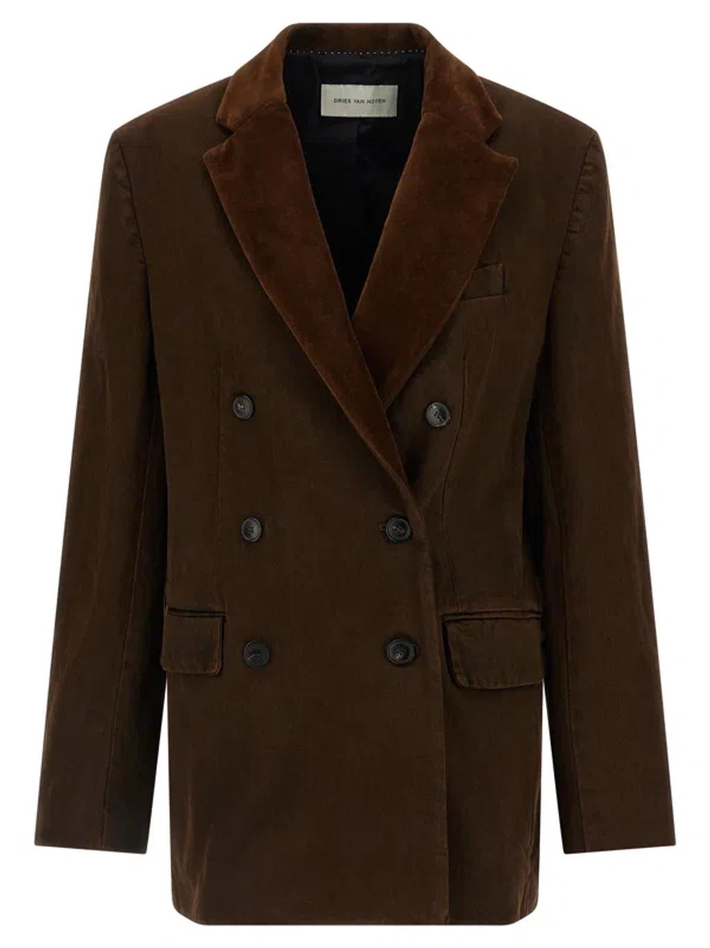 DRIES VAN NOTEN Bafya Velvet Trim Double Breasted Denim Blazer In Brown Product Image
