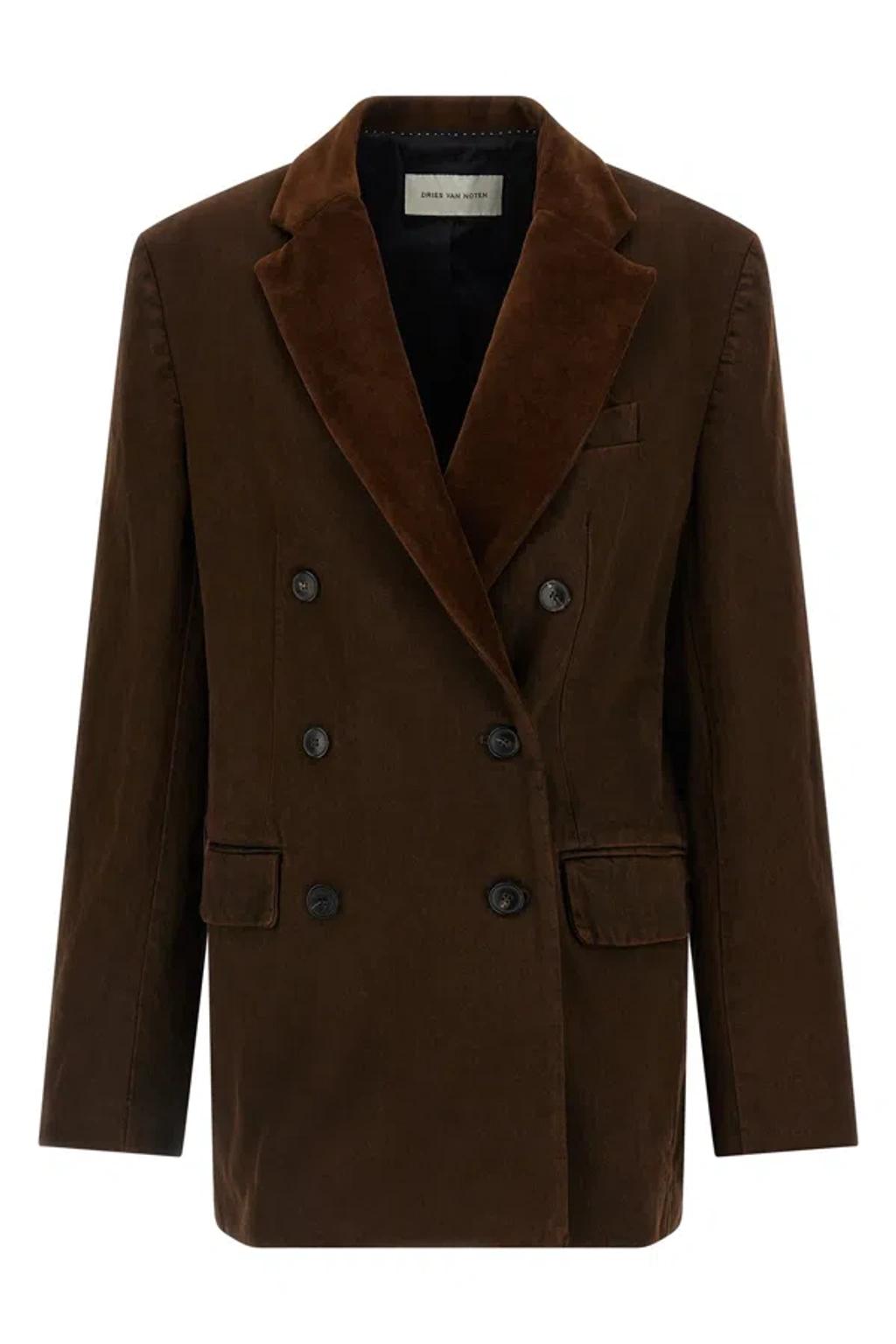 DRIES VAN NOTEN Bafya Velvet Trim Double Breasted Denim Blazer In Brown Product Image