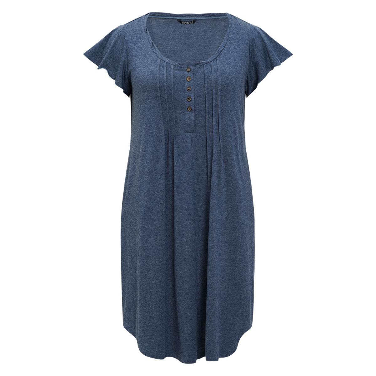 Plus Size Plain Pleated Ruffle Sleeve Pocket Button Up Curved Hem Dress Stone Women Casual Arc Hem Round Neck Cap Sleeve Curvy Midi Dress BloomChic 28/5X Product Image