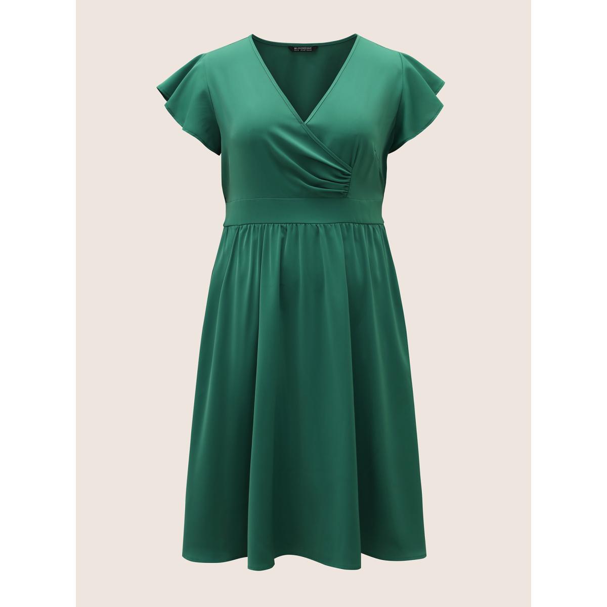 Plus Size Overlap Collar Ruffle Cap Sleeve Gathered Dress Emerald Women Elegant Non Overlap Collar Cap Sleeve Curvy Midi Dress BloomChic 14-16/1X Product Image