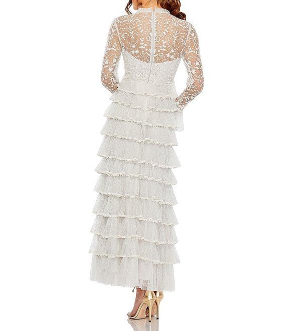 Mac Duggal Embroidered Crew Neck Long Sleeve Tiered Ruffled Hem Maxi Dress Product Image
