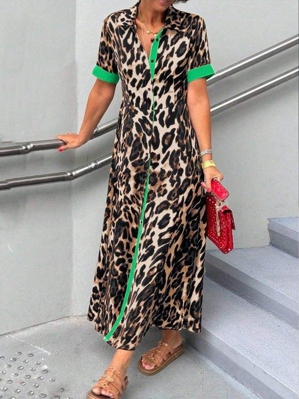 Loose Short Sleeves Buttoned Contrast Color Leopard Lapel Maxi Dresses Shirt Dress Product Image