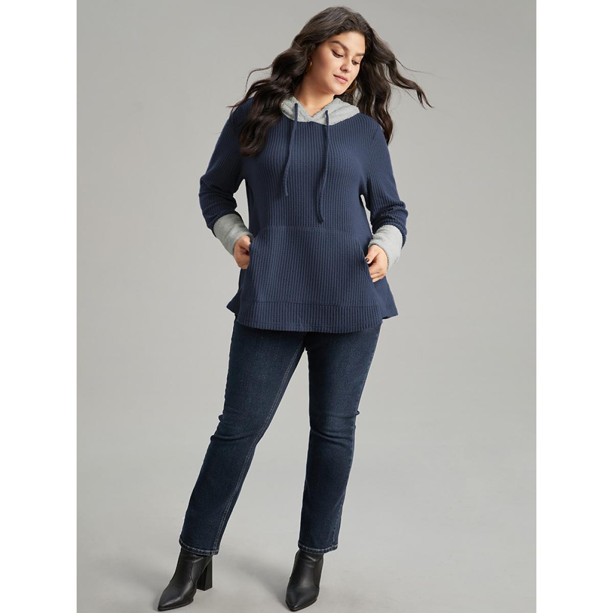 Plus Size Waffle Knit Pocket Hooded Patchwork Sweatshirt Women Navy Casual Waffle Knit Hooded Everyday Sweatshirts BloomChic 12/L Product Image