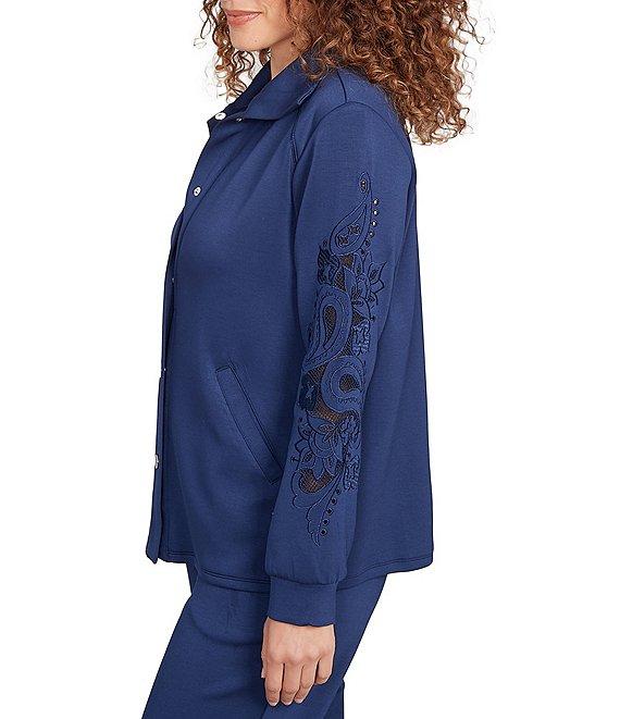 Ruby Rd. Solid Scuba Open Floral Cut-Out Embroidered Long Sleeve Snap-Front Jacket Product Image