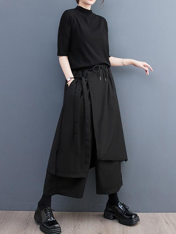 Wide Leg Loose Drawstring Solid Color Casual Pants Bottoms Culotte Product Image