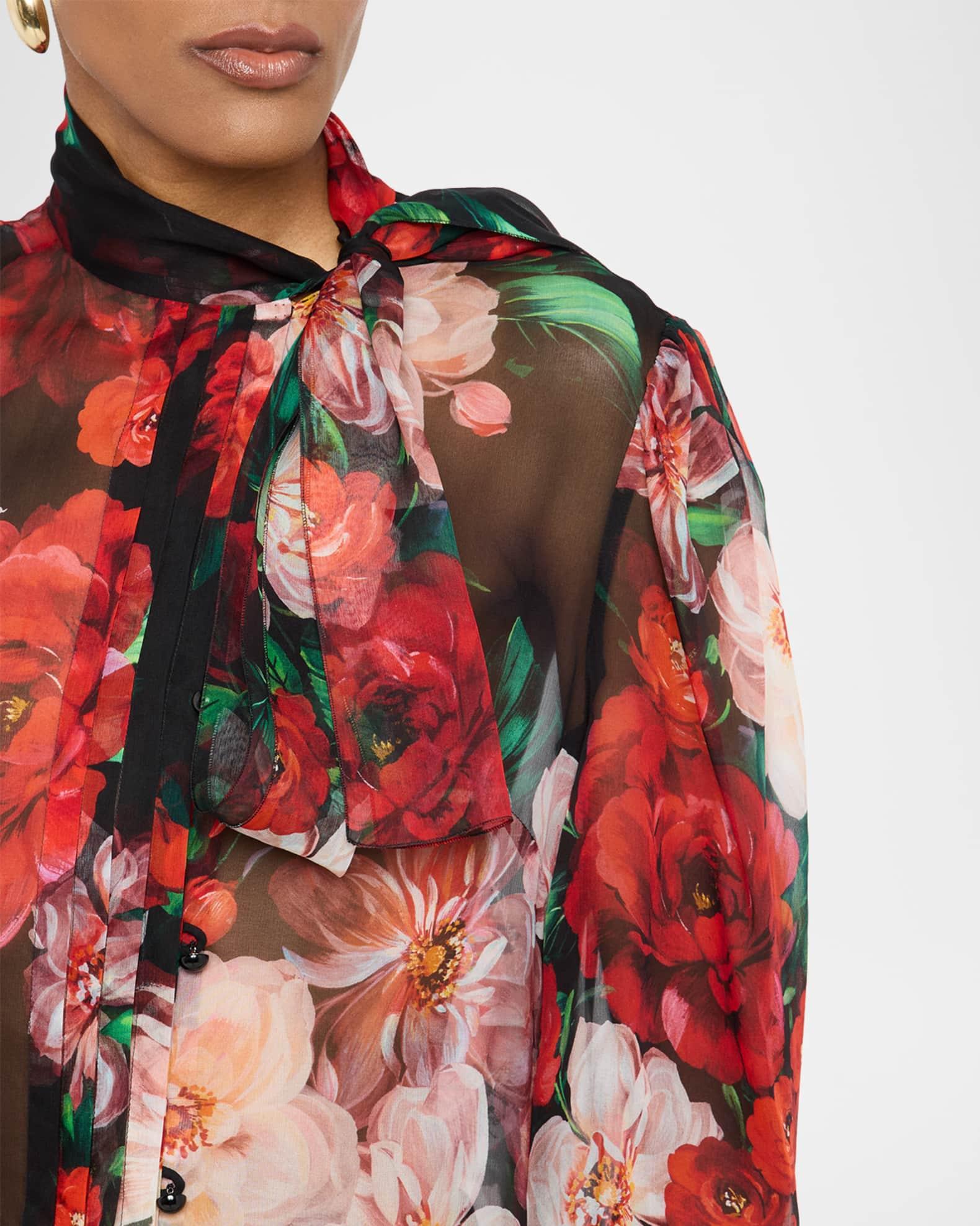 Rose Bouquet Chiffon Neck-Tie Blouse Product Image