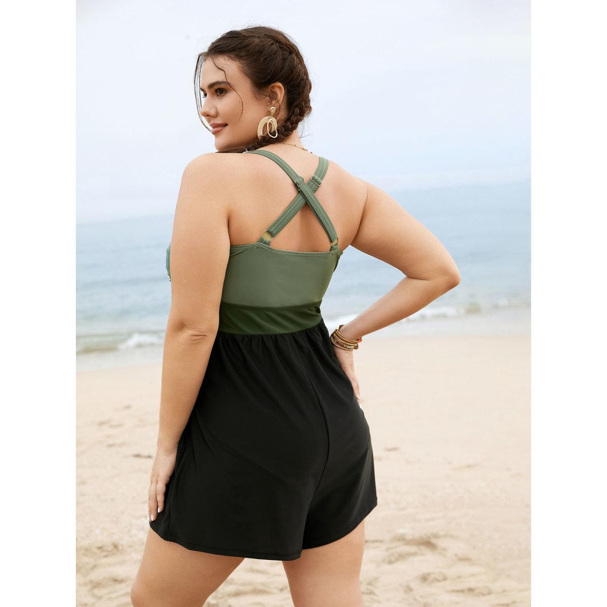 Plus Size Patchwork Contrast Crossover One Piece Swimsuit Women's Swimwear ArmyGreen Resort Twist Curve Bathing Suits High stretch One Pieces BloomChic 12/L Product Image