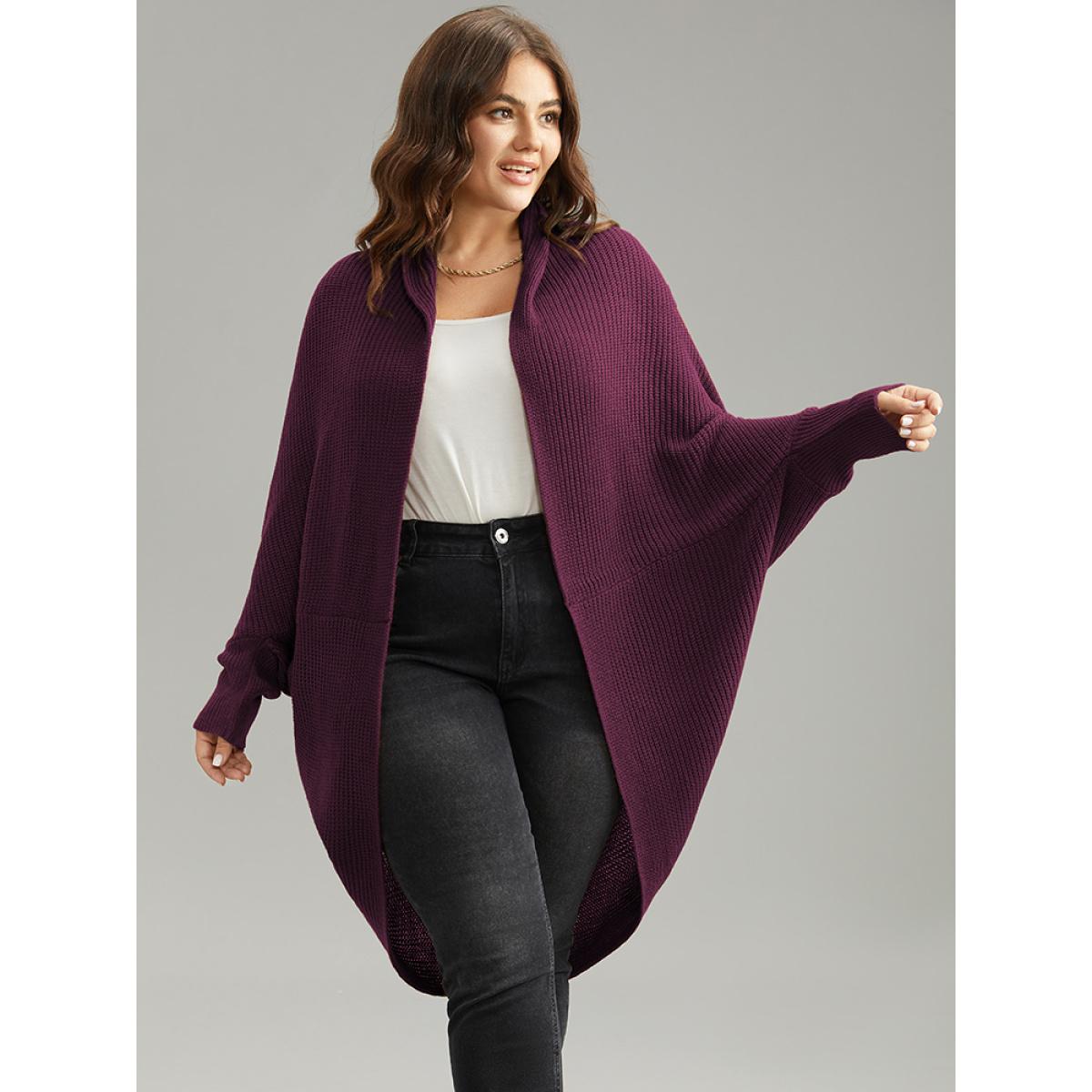 Plus Size Solid Dolman Sleeve Arc Hem Cardigan Burgundy Women Casual Loose Long Sleeve Dailywear Cardigans BloomChic 26/4X Product Image