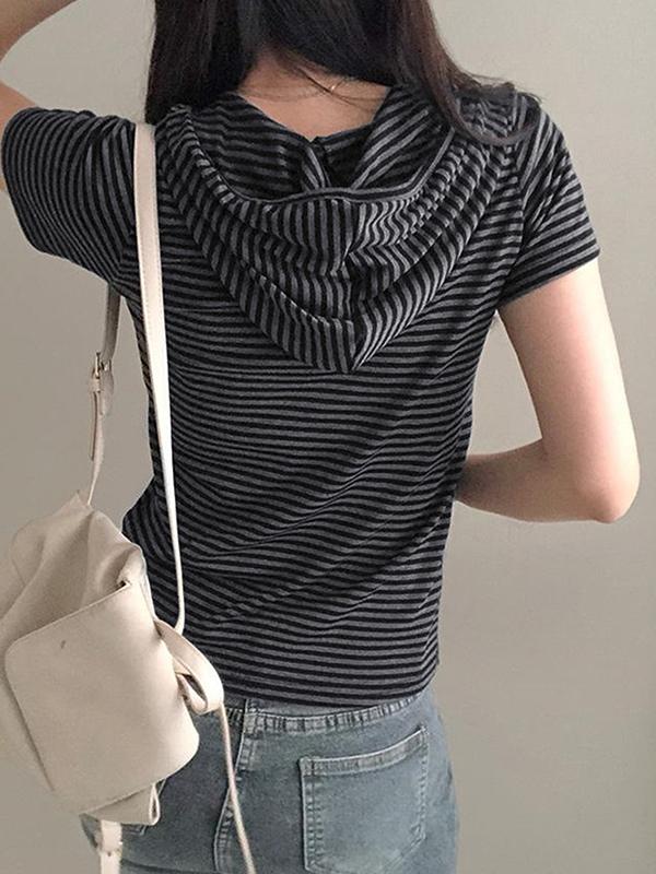 Striped Hooded Short Sleeve Product Image