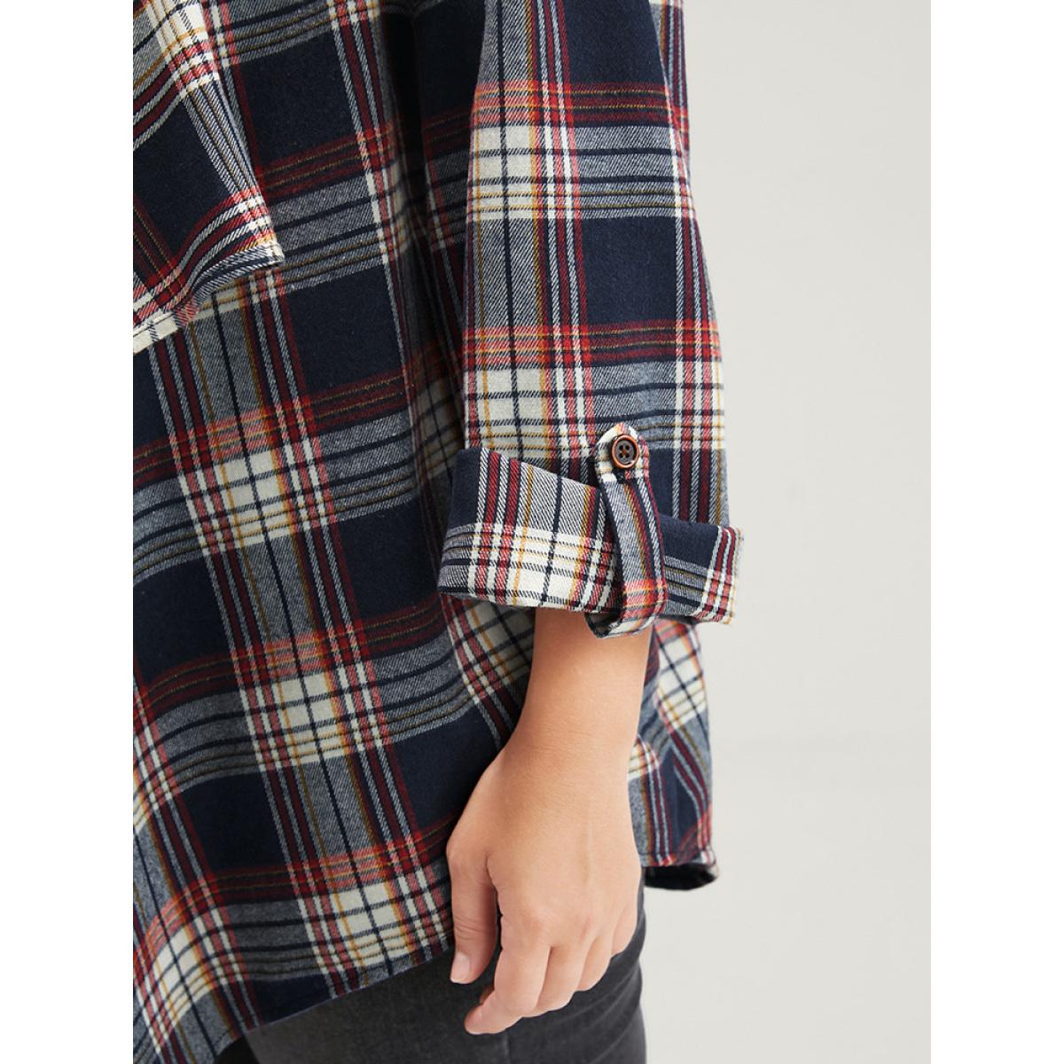 Plus Size Plaid Cuffed Sleeve Asymmetrical Waterfall Collar Coat Women DarkBlue Elegant Asymmetrical Ladies Dailywear Winter Coats BloomChic 12/L Product Image