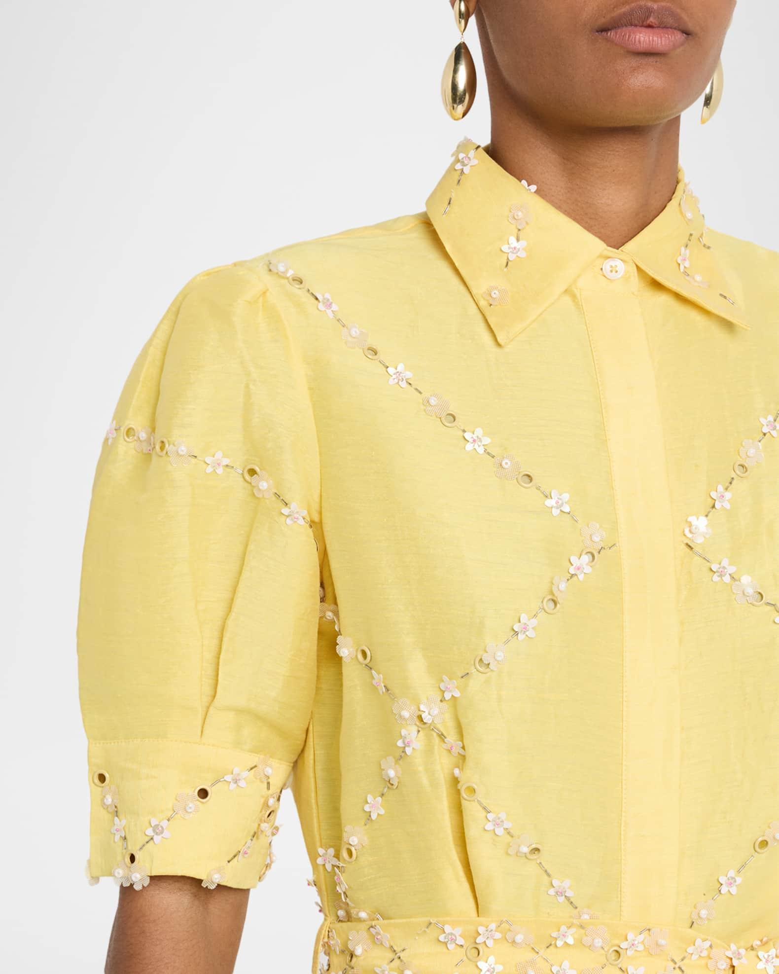 Embellished Organza Short-Sleeve Belted Midi Shirtdress Product Image