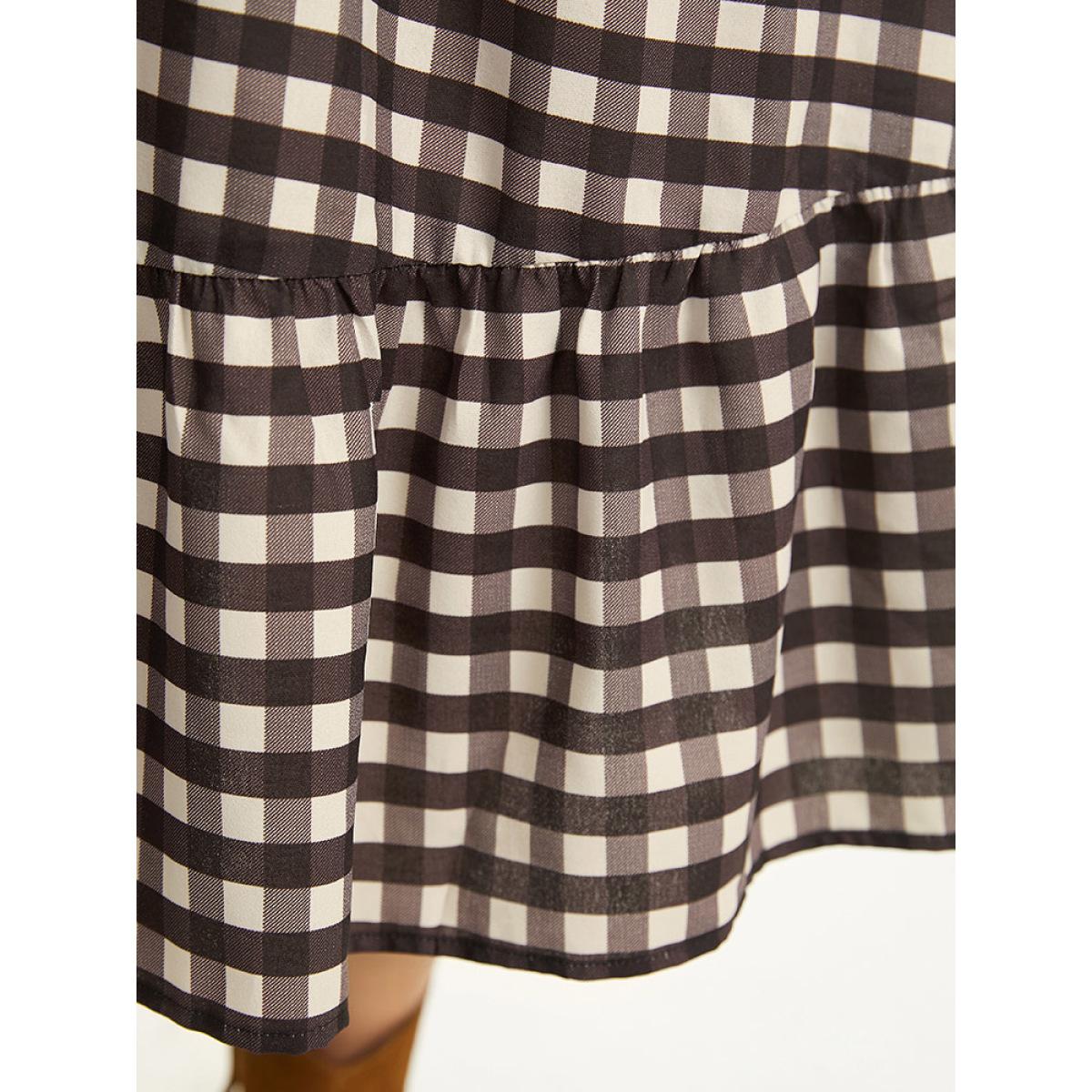 Plus Size Gingham Pocket Elastic Waist Ruffle Hem Dress DarkBrown Women Casual Printed V-neck Long Sleeve Curvy Midi Dress BloomChic 18-20/2X Product Image