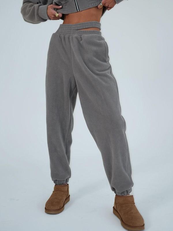 Solid Lapel Neck Zip Up Hoodie & Bound Feet Sweatpants Set Product Image