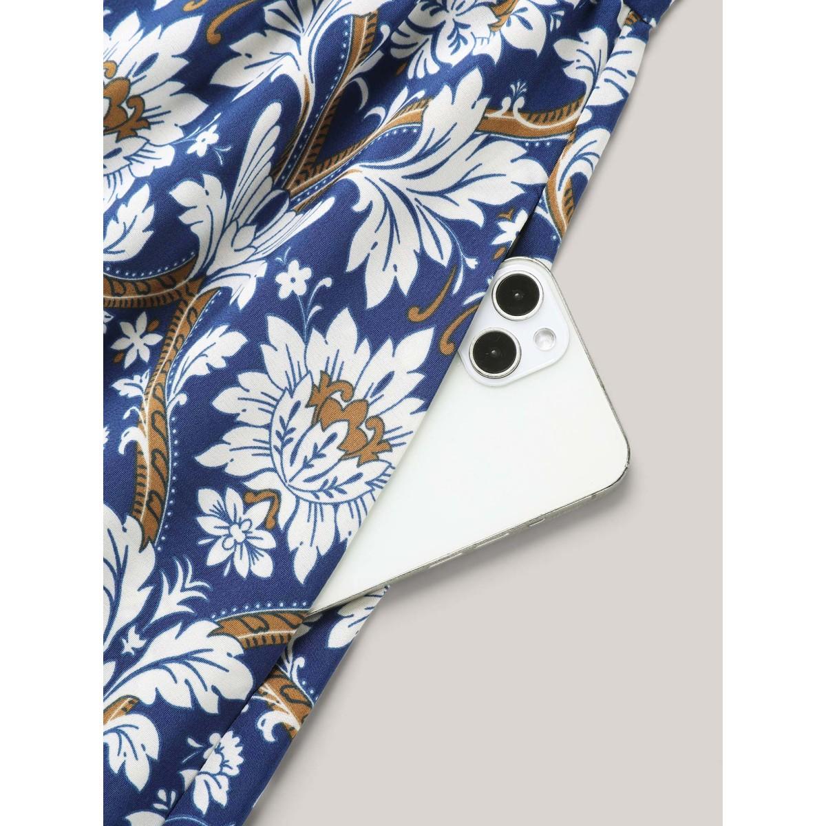 Plus Size Boho Print Shirred Surplice Neck Midi Dress DarkBlue Women Resort Non Overlap Collar Half Sleeve Curvy BloomChic 12/L Product Image